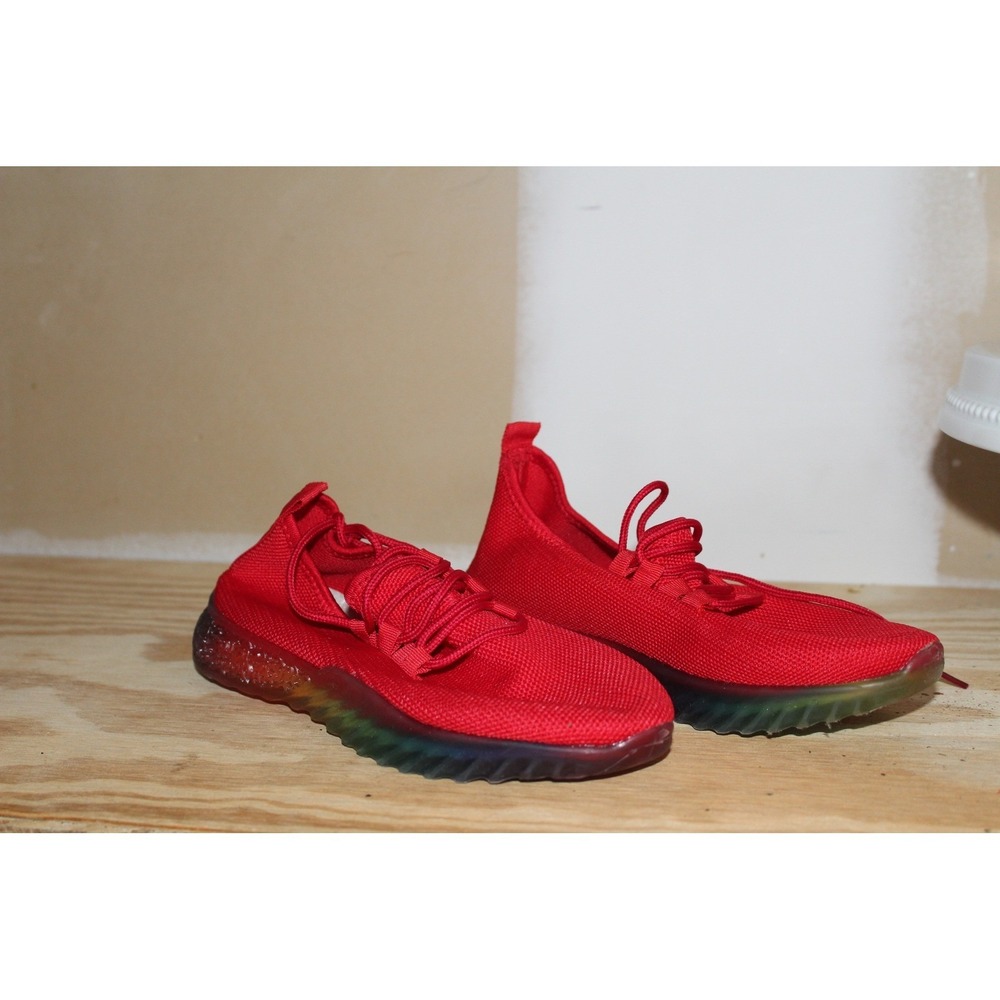 Epic Step Red Knit Lace Up Sneakers with Translucent Rainbow Ombre Textured Sole